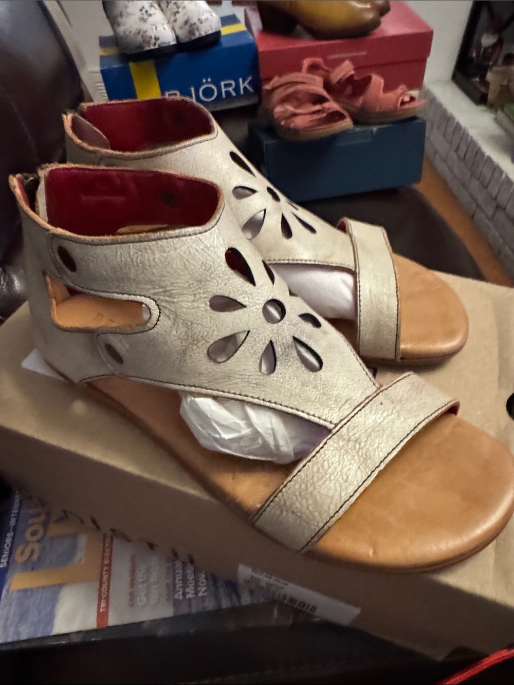 Bed Stu Champagne Metallic Cutout Sandals with Tan Footbed